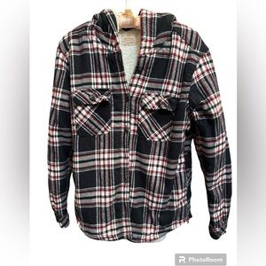 BOSTON TRADERS Women’s SM Sherpa Fleece Flannel Jacket Shacket Red White Black